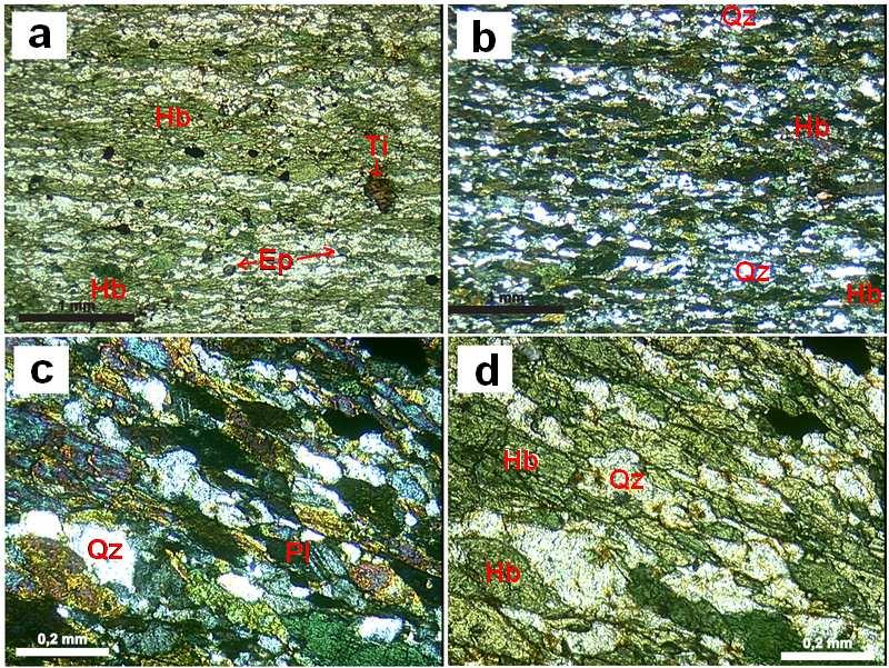 57 Ao microscópio, as amostras PU - 2A e PU - 20 revelam uma mineralogia essencial composta por aproximadamente 55% de hornblenda, 20% de plagioclásio, 10% de quartzo, 10% de epidoto e o restante de
