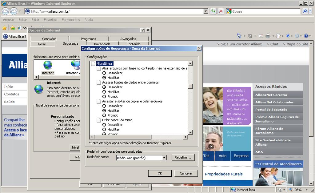 Configurações Internet Explorer Versão 8 Localize as opções com o nome de Miscelânea.