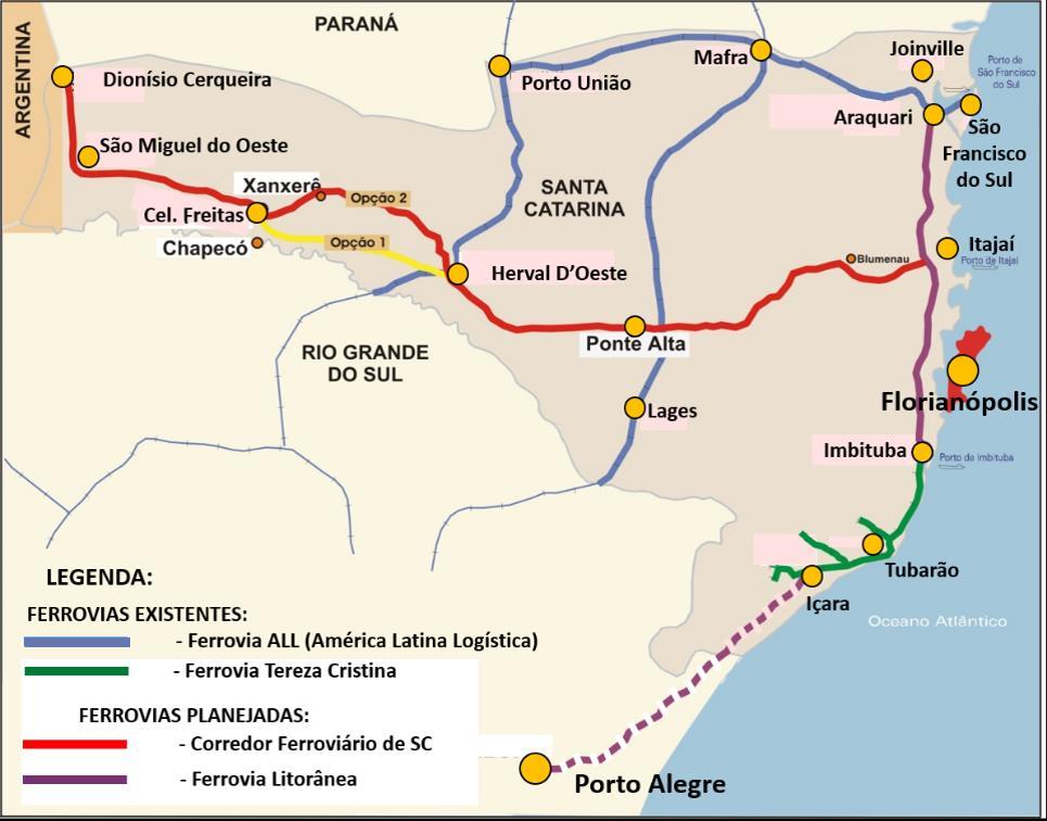 Figura 91: Traçado ferroviário de Santa Catarina 4.6 Aeroporto Internacional de Florianópolis - Hercílio Luz O Aeroporto Internacional Hercílio Luz, localizado na Av. Dep.