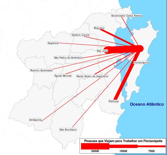 Figura 8: Fluxo de pessoas que trabalham em Florianópolis Fonte: Censo Populacional de 2010 Microdados da Amostra / IBGE Na tabela que segue, são apresentados os números de pessoas que moram em