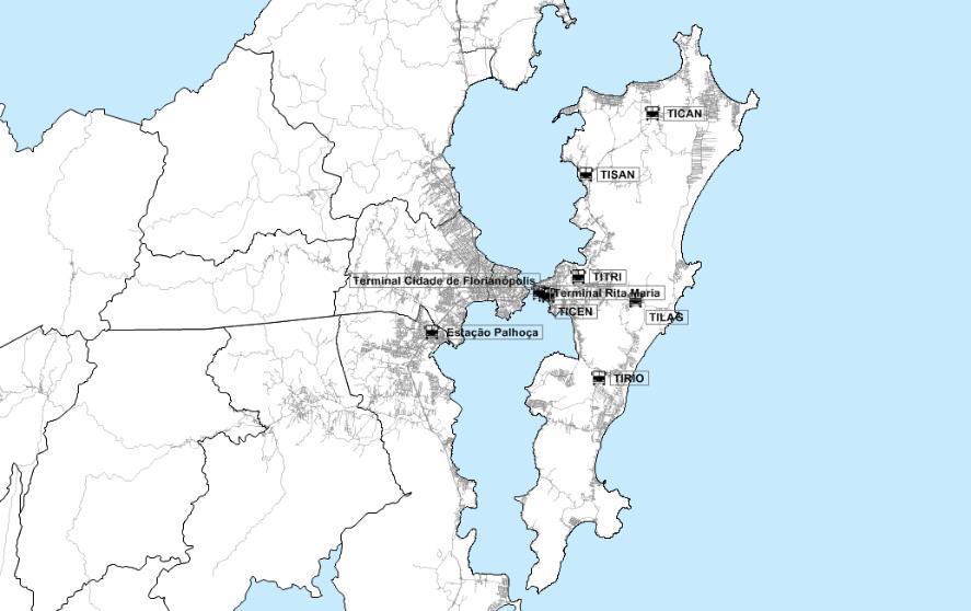 Figura 45 - Localização dos Terminais de Ônibus Pontos de Ônibus A cidade de Florianópolis possui um total de 2.165 pontos de parada de ônibus, dos quais 1.