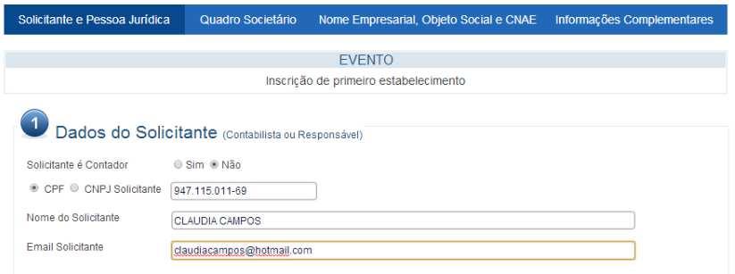 Dados do Solicitante e da Pessoa Jurídica São informados os dados de identificação do solicitante (Contabilista ou Responsável) e da Pessoa Jurídica. Informar se o solicitante é CONTADOR.