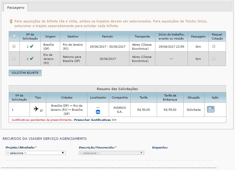 2.55. O Sistema registra os dados do voo e retorna para a tela com as informações do afastamento, na qual contém o novo quadro Passagens, que agora exibe a informação de que há solicitação de reserva