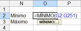 O mesmo resultado poderia ser obtido simplesmente digitando a fórmula diretamente na célula: = MÍNIMO(G2:G251) (podem ser usadas maiúsculas ou minúsculas).