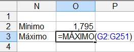 Para calcular o intervalo podemos colocar uma fórmula em uma célula, por exemplo na O4 fazendo a subtração entre máximo e mínimo Veja a Figura 63.