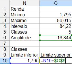no conjunto. Para amplitude de 84,22, e valor inicial igual ao mínimo, com 5 classes, o resultado poderá ser calculado em células apropriadas, como mostrado a partir da Figura 65.