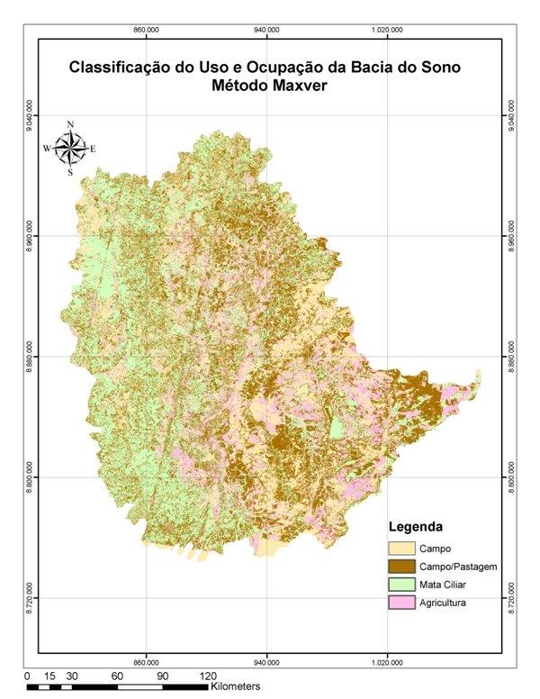 b) Mapa de uso e ocupação do solo da bacia do sono, utilizando-se método de classificação Paralelepípelo. Na classificação utilizando-se o método Maxver determinou-se que a bacia possui 1.430.958.