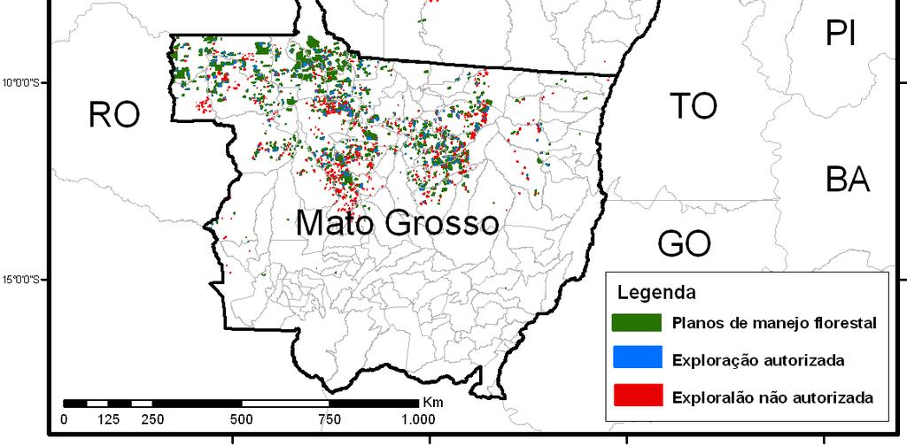 752 hectares) e Tailândia (27.394 hectares) (Figura 2). Mapeamos no Mato Grosso 460.134 hectares de floresta explorada nas imagens 2008 e 2009, dos quais 179.