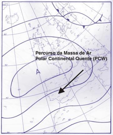 Página 4 Massa de ar polar continental quente (Pcw). Este tipo de massa de ar ocorre durante o Inverno quando o anticiclone da Sibéria se estende em crista até ao Mediterrâneo.