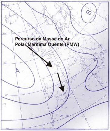 Página 5 Massa de ar polar marítima quente (Pmw). Esta massa de ar atinge Portugal durante os meses que vão de Setembro a Março.