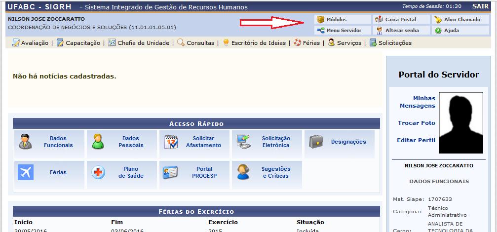 4- Escolhendo o Módulo Portal do Servidor Na tela abaixo, já no sistema do RH, clique no botão Módulos,