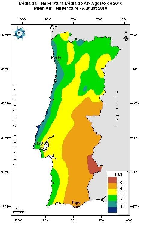 12.6ºC em Arouca e 22.4ºC em Faro. Os desvios da temperatura média mínima mensal em relação à normal variaram entre -0.1ºC S. Pedro de Moel e +3.