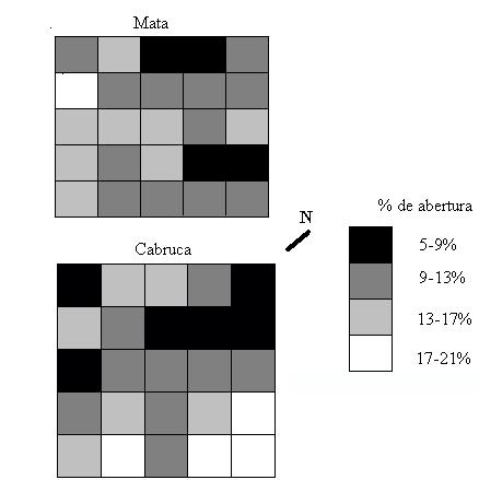 30 % abertura 20 10 0 CL1 CL2 CL3 classes Figura 1 - Porcentagem de abertura de dossel nos diferentes pontos amostrais em Mata (1), em Cabruca (2) e em Mata, estimada com o densiômetro esférico (3)