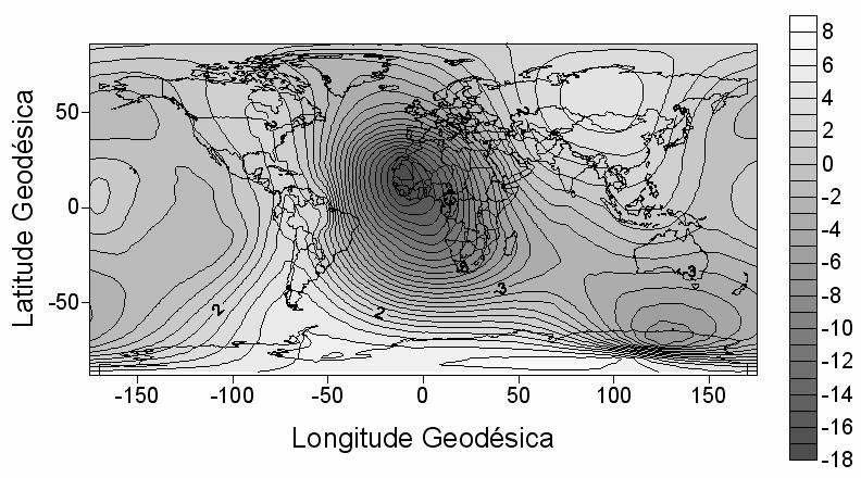 111 Figura 4 Isolinhas das discrepâncias entre as latitudes geomagnéticas corrigidas e dipolares A partir da Figura 4, verifica-se que as discrepâncias atingem até 18 graus em latitude nas regiões