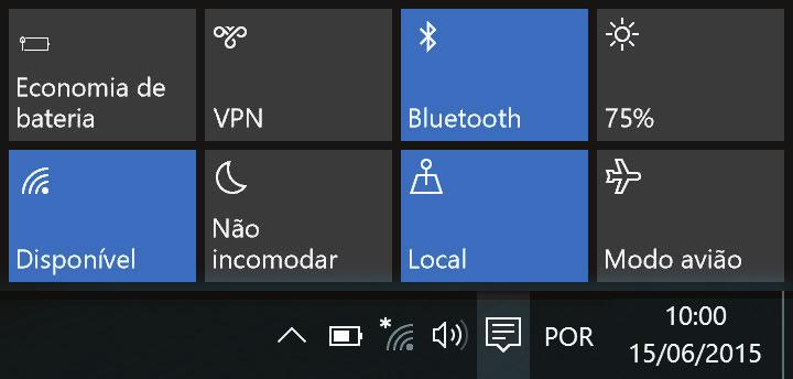 Configurações e Atualização Controlar o brilho usando a barra de tarefas Na barra de tarefas, selecione. Você pode ajustar o nível de brilho.