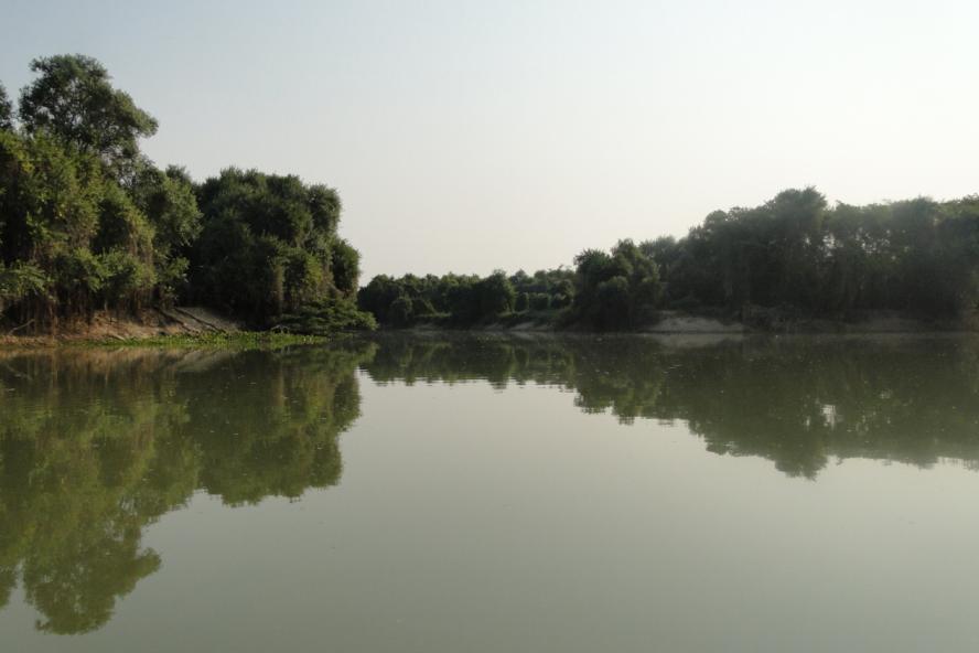 cobertura de vegetação rasteira), além de canais fluviais secundários e lagoas, resultantes do processo de sedimentação e estrangulamento do colo do meandro.