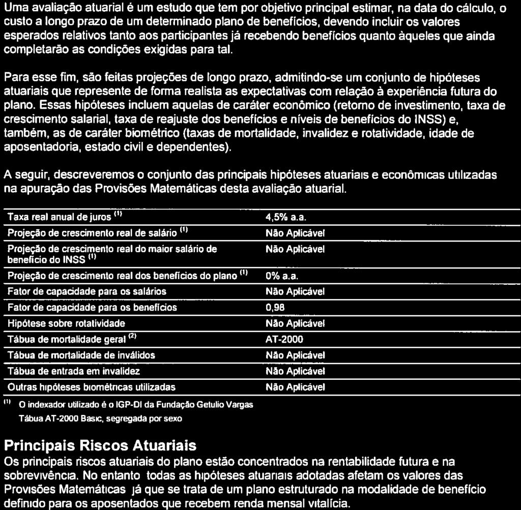 ENTIDADE PARECER ATUARIAL DOS PLANOS DE BENEFÍCIOS DE PREVIDÊNCIA 3 Hipóteses e Métodos Atuariais Utilizados Uma avaliação atuarial é um estudo que tem por objetivo principal estimar, na data do