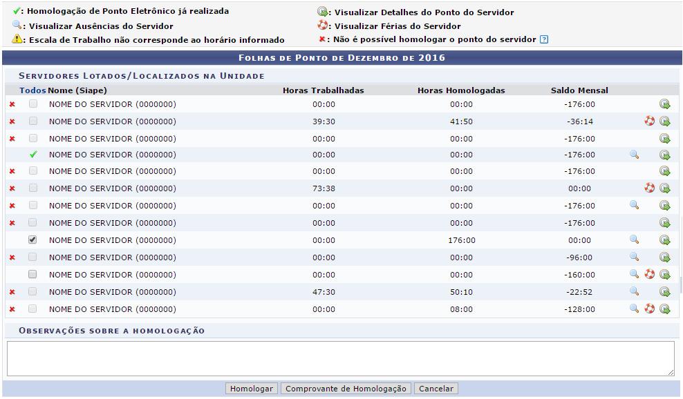 28 Primeiramente, na tela acima, os ícones e são utilizados para indicar, respectivamente, que o ponto de um determinado servidor já foi homologado ou que não pode ser homologado devido à existência