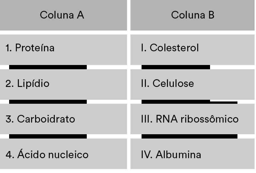 9. Responda esta questão relacionando às biomoléculas da coluna A com seus respectivos exemplos na coluna B. A numeração correta da coluna B, de cima para baixo, é: 10. a) 1-I; 2-III; 3-IV; 4-II.