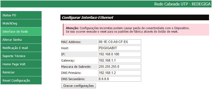 Interface da rede A interface de rede apresenta as informações do dispositivo referente às configurações da Interface Ethernet.