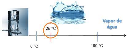 Considerando que a água se transforma completamente do estado sólido para o líquido a 0 C (temperatura de fusão) e evapora à 100 C (temperatura de ebulição é 100 C), a 25 C a água encontra-se no
