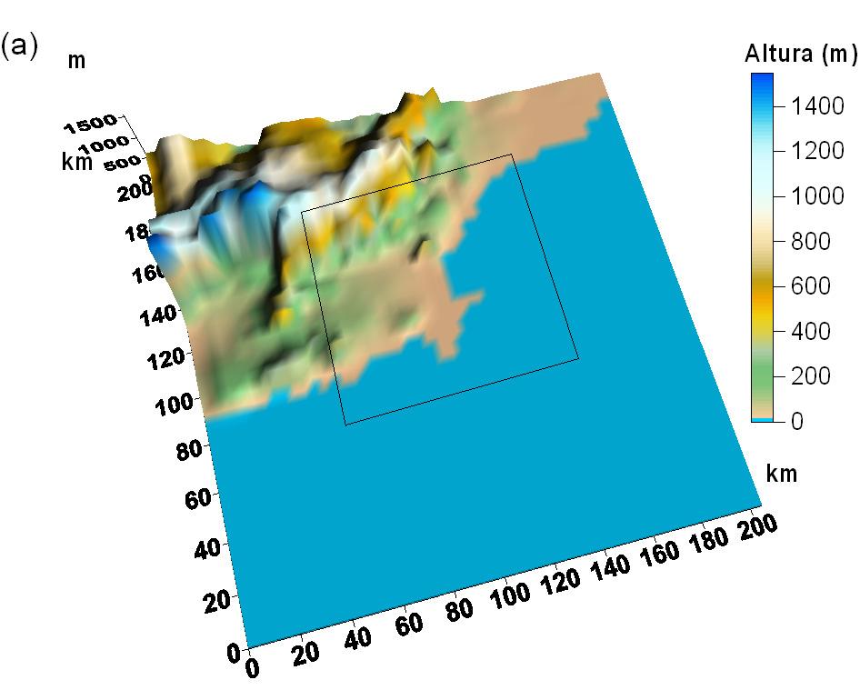 2 Região de estudo A topografia da região é bastante complexa e apresenta alturas superiores a 14 m no quadrante noroeste do domínio (Fig. 2.3a).