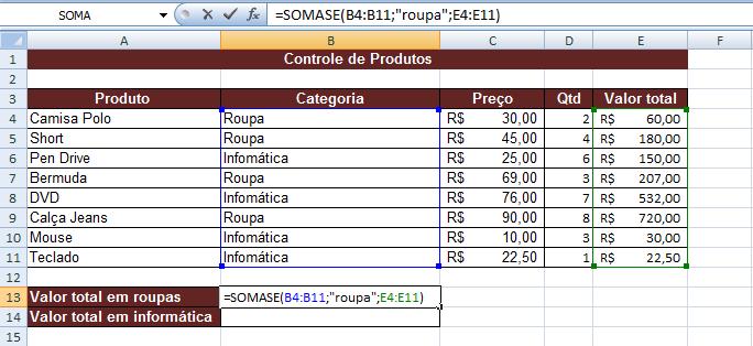 Aula 6 Função SOMASE Você pode usar a função SOMASE para somar os valores em um intervalo que atendem aos critérios que você especificar.