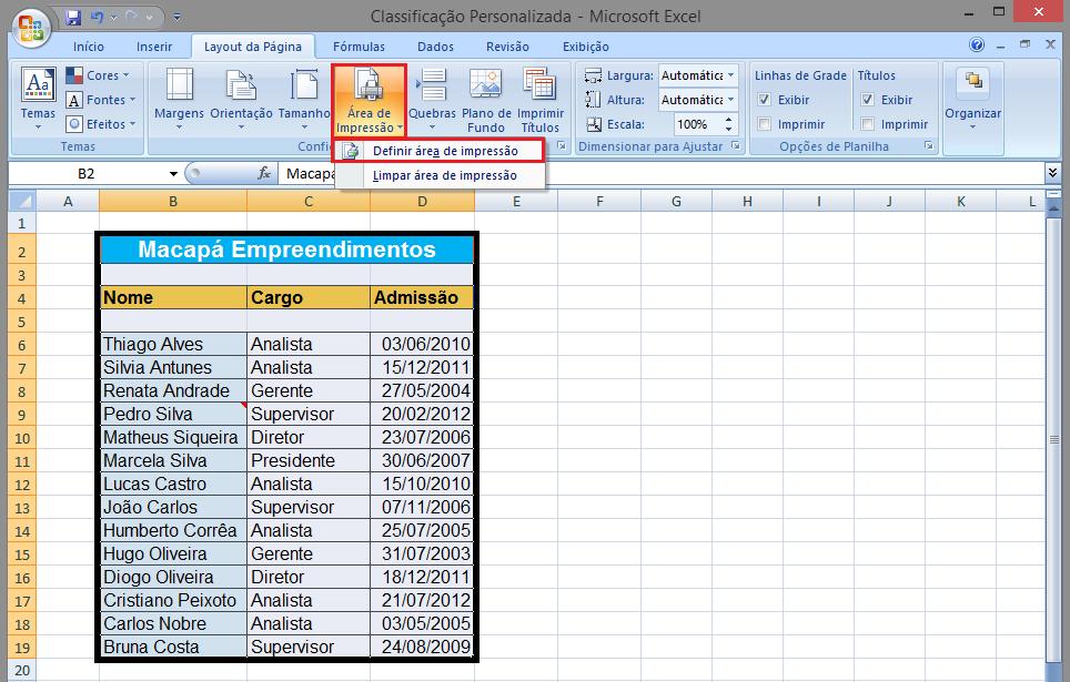 Impressão Esta ferramenta oferecida pelo Excel é de grande importância quando se quer ter uma noção de espaço na tabela e os seus limites de impressão, ou até mesmo quando se é exigido