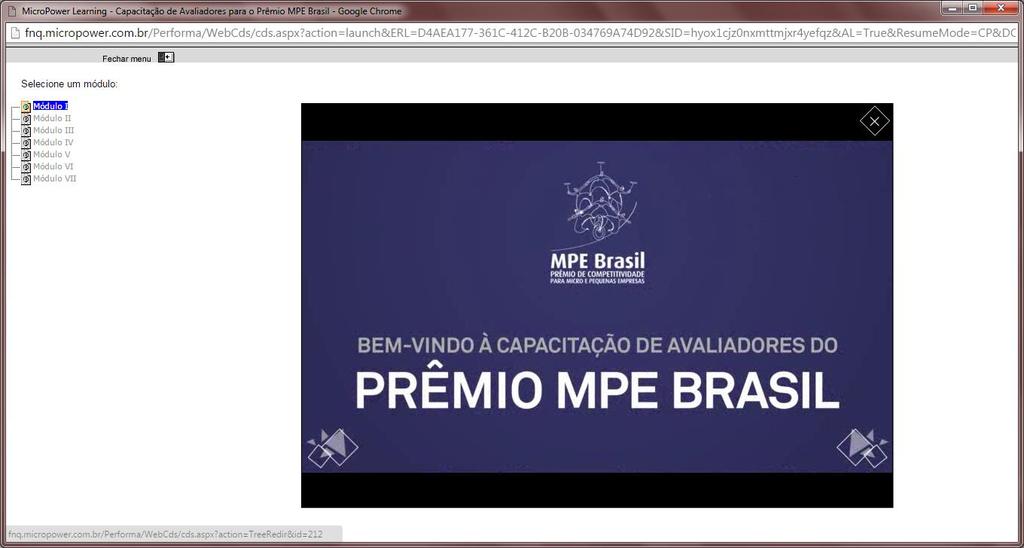 O curso se inicia automaticamente. Note que o curso está dividido em 7 módulos.