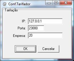 11 Configuração Tarifador Abra o K100 Manager e clique em Configuração à Tarifador * O IP e a PORTA devem ser mantidos com a informação padrão caso o tarifador esteja instalado na mesma máquina do