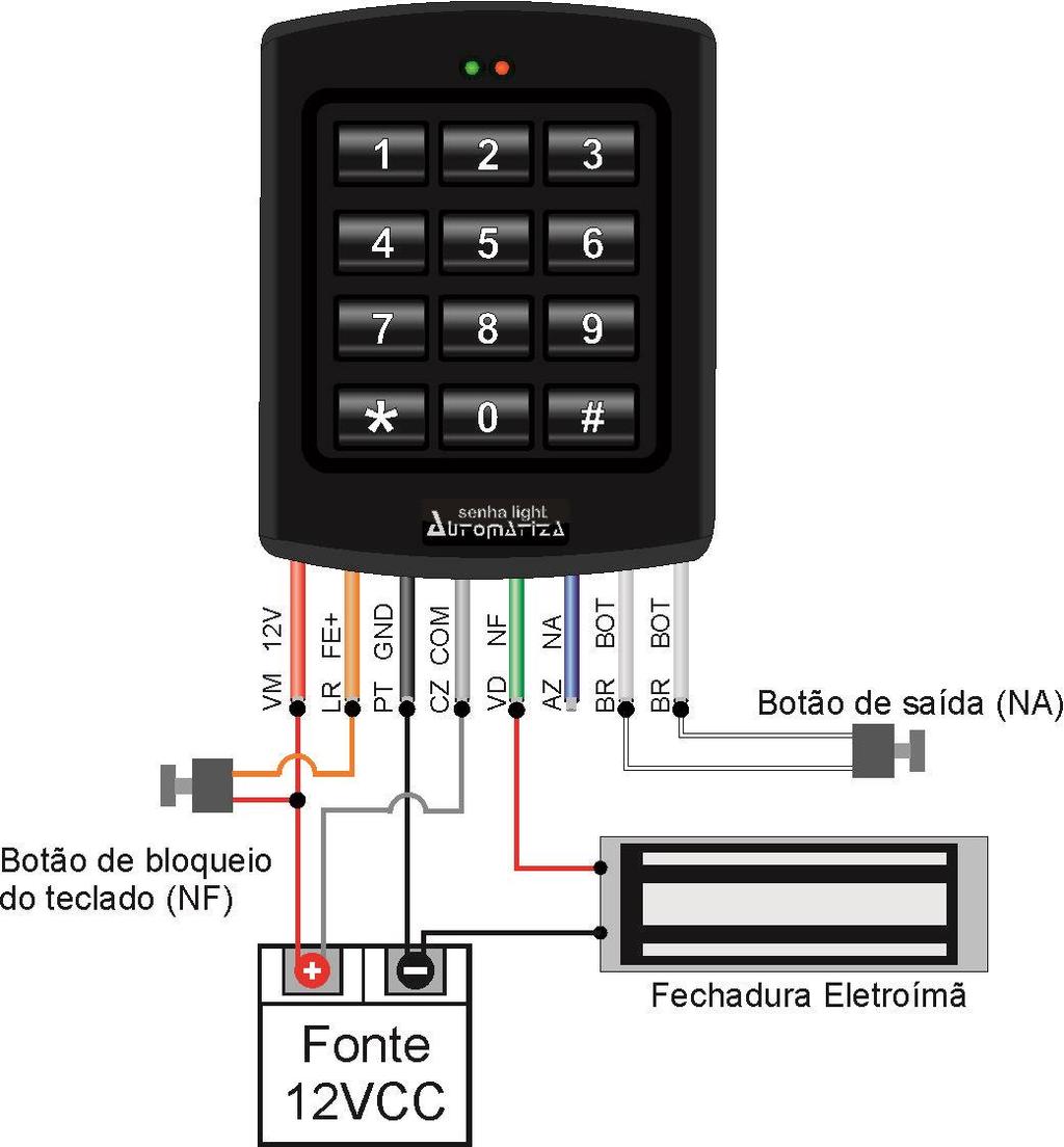 7.2.1. Ligação Sem o Botão Bloqueio/Desbloqueio do teclado (Botão de Pânico) Atenção: A saída FE+ (fio laranja) tem como função bloquear o teclado.