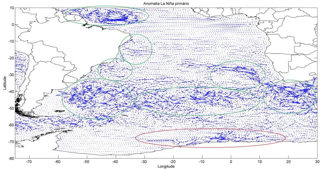 Figura 6: Anomalia de correntes da La Niña em relação ao dado controle.