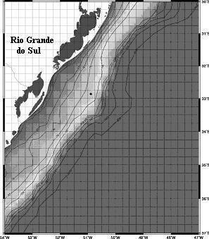 FIGURA 1 - Local de obtenção dos dados calculados pelo modelo WW3, (32º54 S; 50º 48 W), em águas de profundidade de aproximadamente 100 metros. 2.