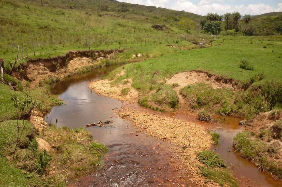 particularmente no trecho ilustrado pela foto acima, apresenta uma planície de inundação onde houve grande deposição de material aluvionar.