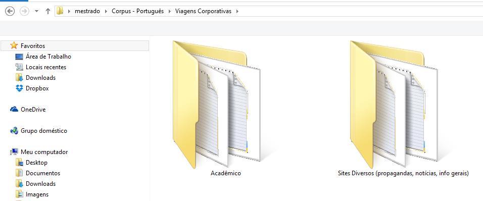 Cada uma destas subpastas (a não ser Eventos Empresariais) apresentam outras duas subpastas: Acadêmico e Sites Diversos.