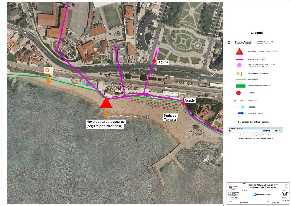 Focos potenciais de poluição para a praia do Tamariz. Fonte: C.M.