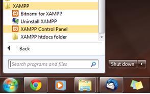Se pretendermos aceder ao XAMPP Control Panel podemos faze-lo através dos menus do Windows.