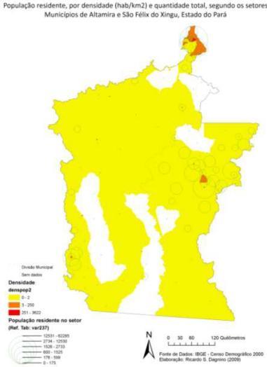 População residente (2000) em São Félix do Xingu e Altamira em mapa coroplético de população
