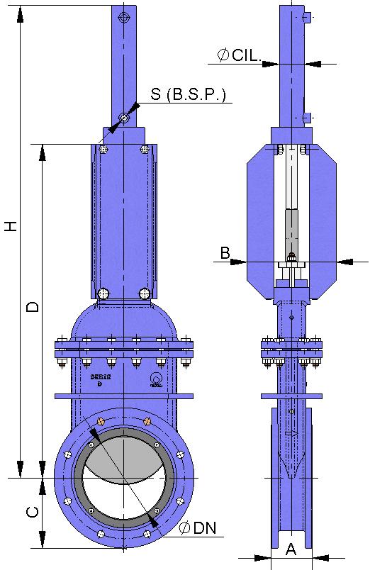 ACCIONAMENTO HIDRÁULICO (pressão de óleo: 135 kg/cm 2 ) B = largura máx. da válvula (sem accionamento). D= altura máx. da válvula (sem accionamento). O accionamento hidráulico é composto pelo seguinte: Cilindro hidráulico.