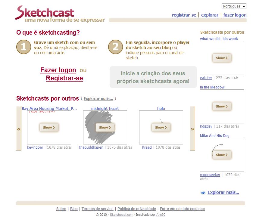 Manual e Guia de Utilização e Exploração do Sketchcast 1. Para acedermos a esta ferramenta, devemos, no browser da Internet, digitar o seguinte endereço: http://sketchcast.