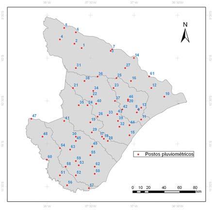 12 Regionalização de precipitações médias e prováveis mensais e anuais no Estado de Sergipe Figura 1. Postos pluviométricos selecionados no Estado de Sergipe.