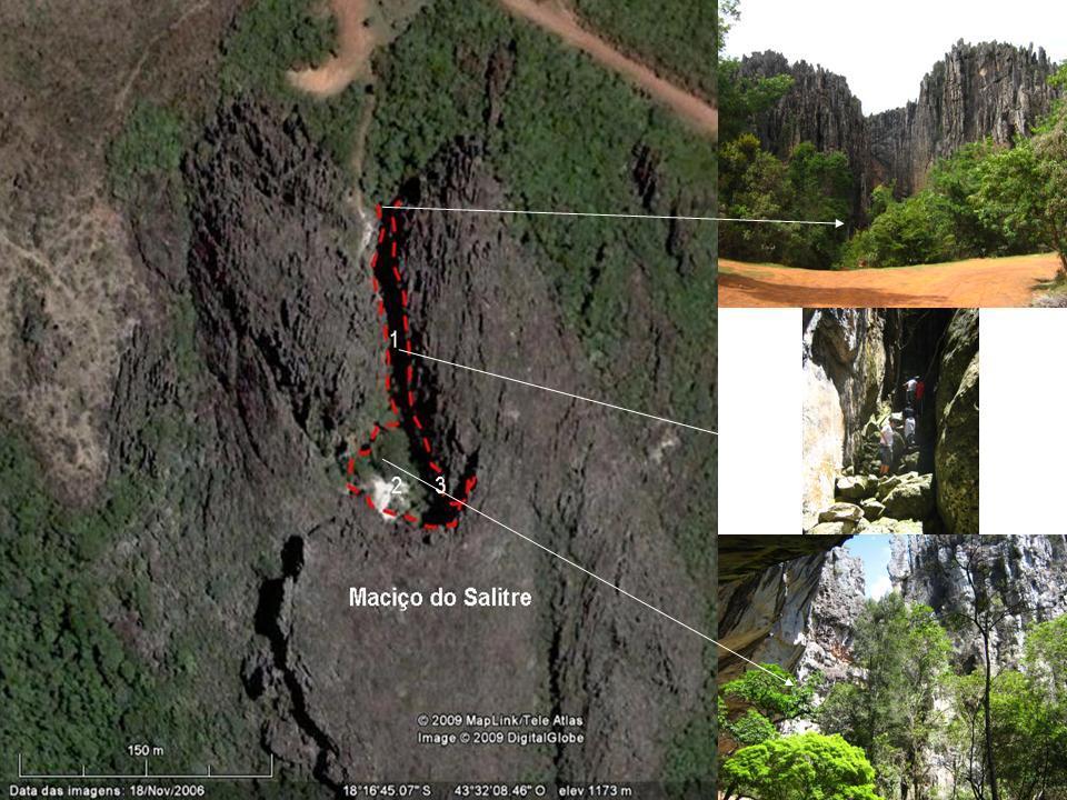- 11 - Figura 6: Imagem orbital do Maciço do Salitre, mostrando os compartimentos cársticos: (1) o canyon; (2) a dolina de colapso; (3) os salões. Fonte: www.googleearth.com.br. Org: Baggio, (2010).