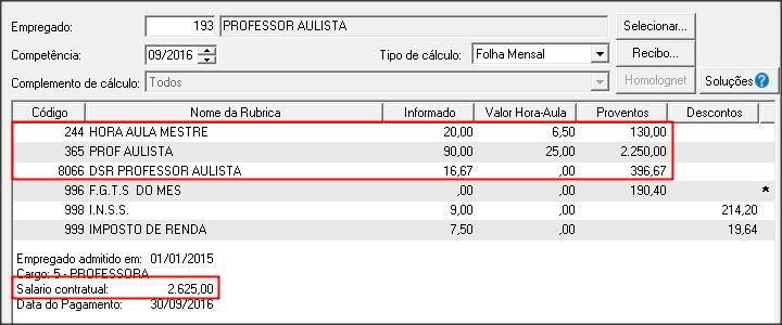 OBS. O valor demonstrado no campo Salário contratual trata-se do valor informado no quadro Salário contratual da guia do cadastro do professor.