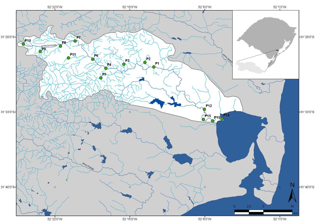 Figure 2. Map of Corrientes stream basin, Patos lagoon system, Rio Grande do Sul, indicating the 15 sampling sites. Author: Michel P. Corrêa. Table 1.