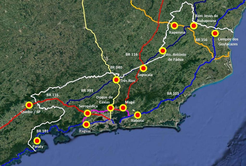 Proposta do Cinturão de Segurança Rodoviária Integrada no estado do Rio de Janeiro localização dos postos integrados de segurança Rodoviária Fonte: Elaboração Sistema FIRJAN FIRJAN: