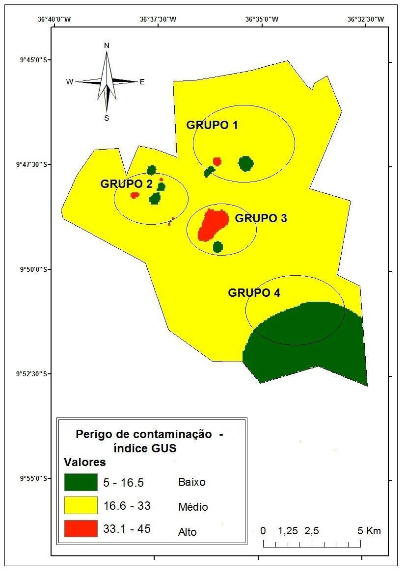 61 A Figura 10 mostra o mapa de perigo de contaminação do lençol freático da região do Cintuão Verde de Arapiraca por pesticidas de acordo com o potencial de lixiviação dos pesticidas usados pelos