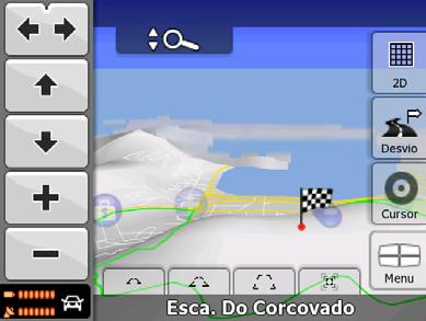 Durante a navegação, a tela mostra informações da rota e dados da viagem (figura da esquerda), mas quando você pressionar no mapa, teclas e controles adicionais aparecem por alguns segundos (figura