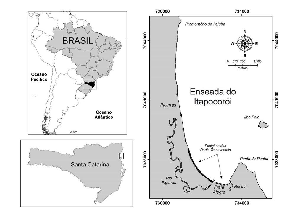 Araujo et al.: Zonas de erosão acentuada Figura 1. Localização geográfica da Enseada do Itapocorói SC, com a posição dos perfis transversais utilizados durante o monitoramento topográfico. Figura 2.