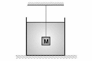 Exemplo 05: A figura a seguir mostra uma caixa cúbica de aresta a = 20 cm e massa M = 10 kg, imersa em água, sendo mantida em equilíbrio por um fio muito leve preso ao teto.