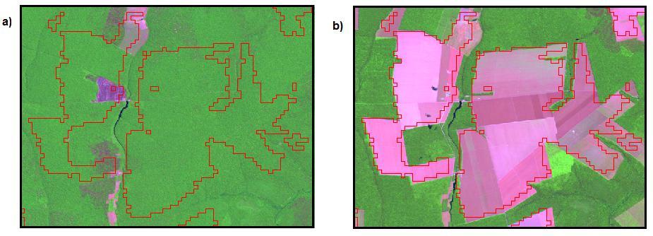 Figura 5. Exemplo do processo de mudança do uso da terra entre a safra 2000/2001 (a) e a safra 2011/2012 (b).